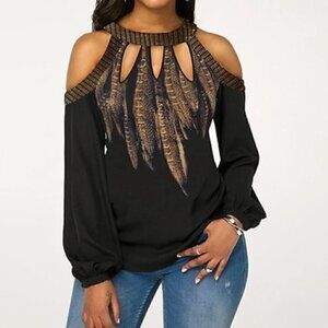 Nwt- Cold Shoulder Cut Out Printed Lantern Sleeve Blouse Shirt Women